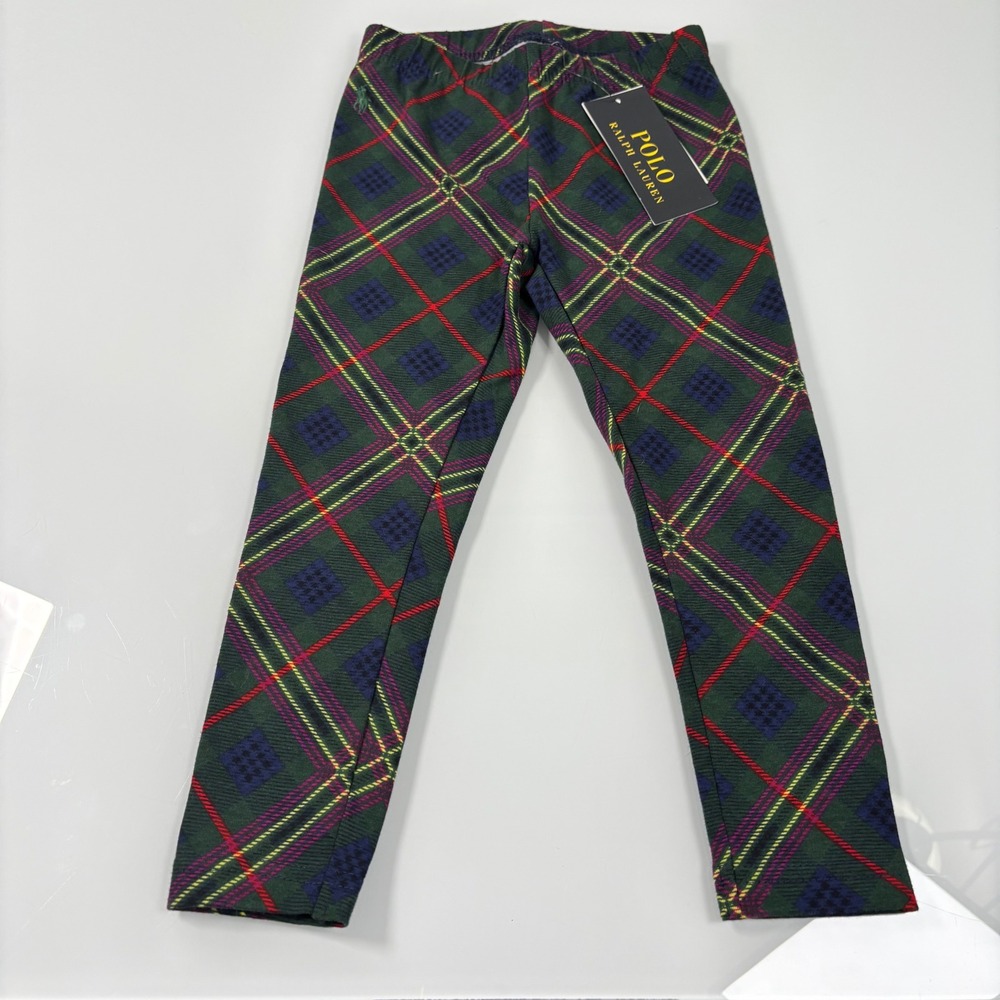 Polo Ralph Lauren Girls 3T Green Plaid Holiday Leggings NEW Cotton Stretch Pony